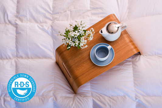 A tray with a cup of tea and flowers, accompanied by a Hungarian Goose Down quilt.
